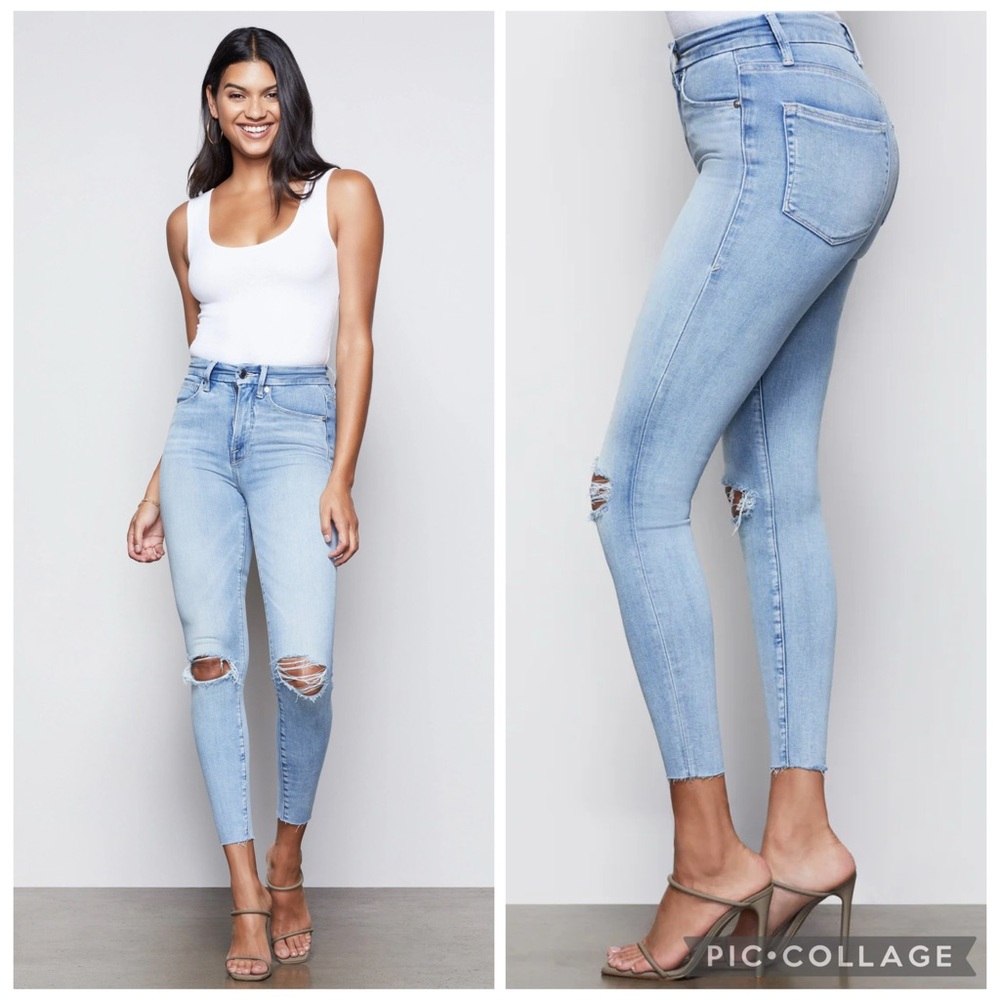 Good American Good Waist Crop Raw Hem Distressed Skinny Jeans Sz 12/31